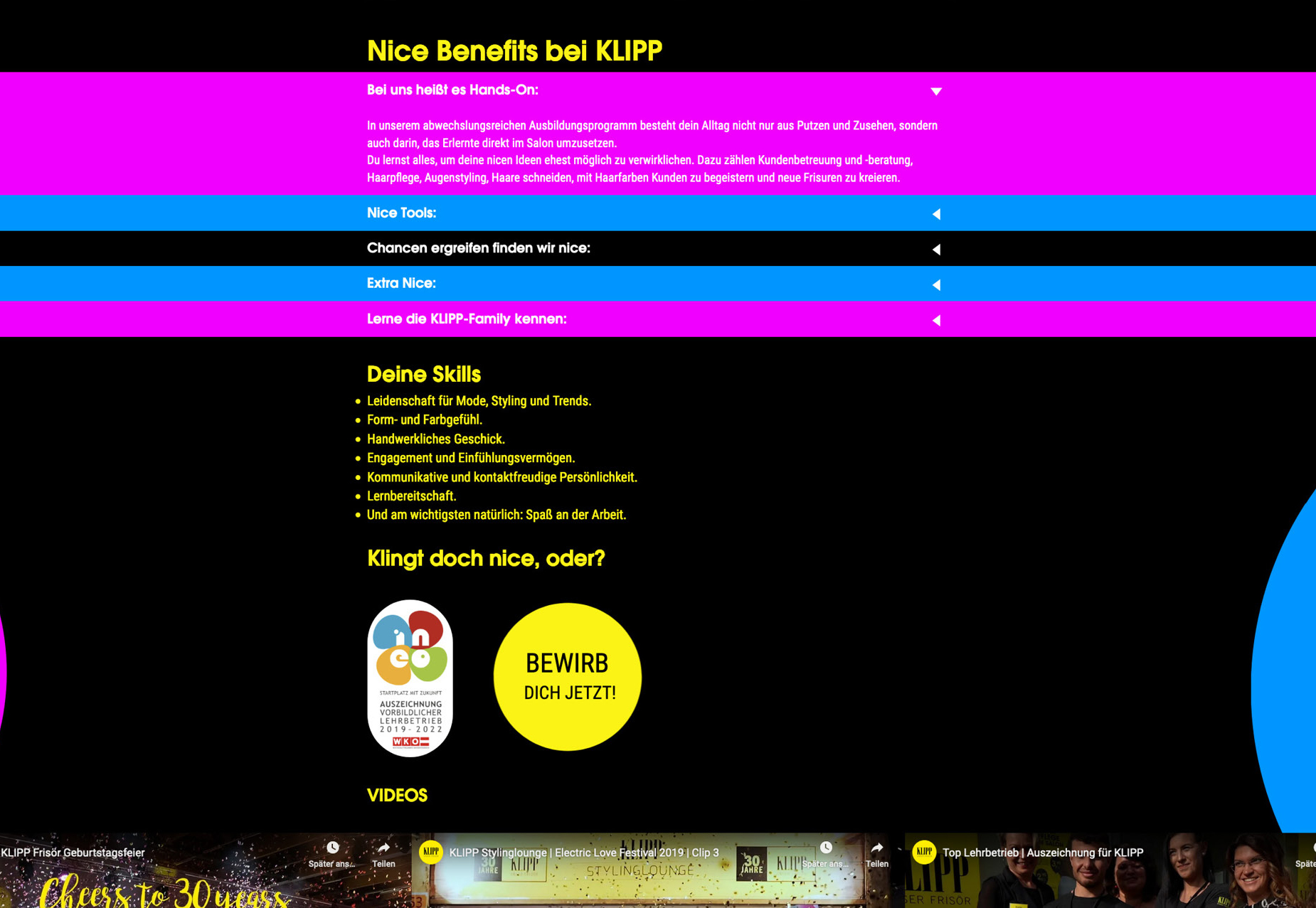 Screenshot von der Folgeseite "Benefits bei Klipp" www.klipp.at